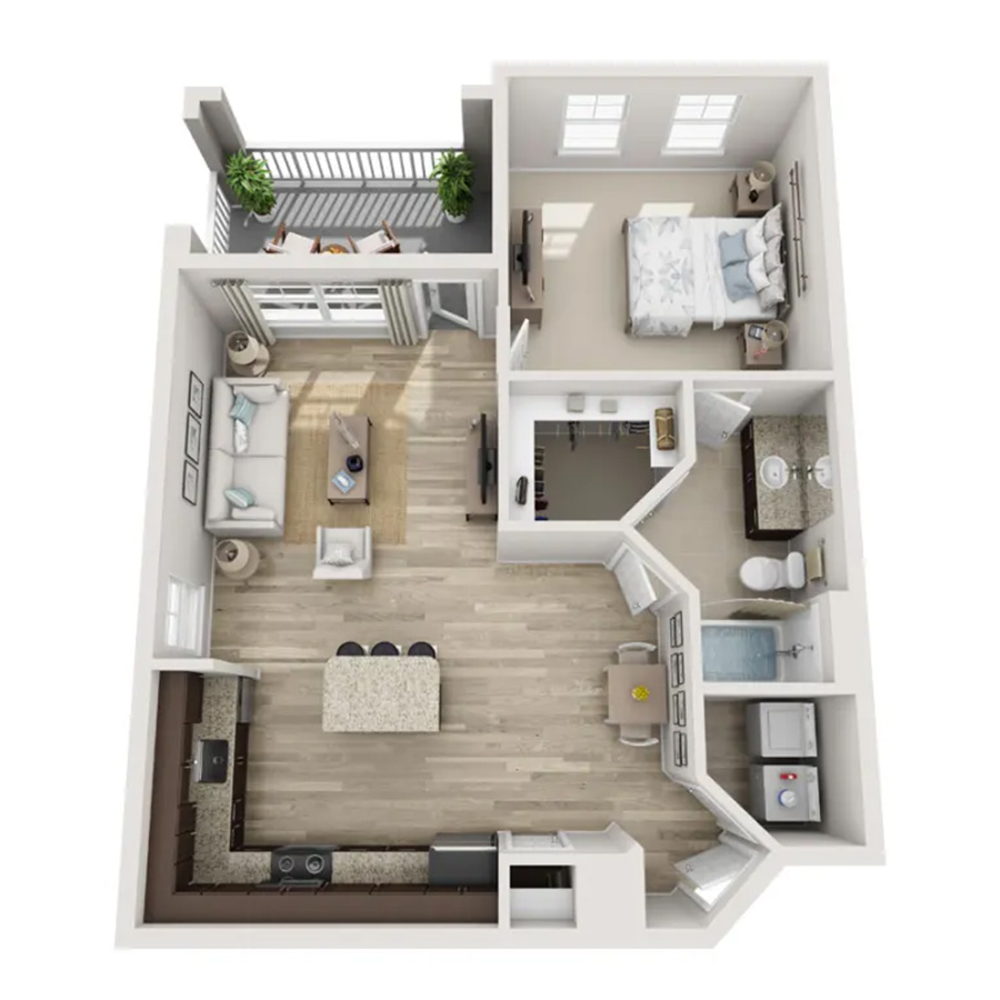 Rendering of the A2 floor plan with 1 bedroom[s] and 1 bathroom[s] at The Point at Bella Grove