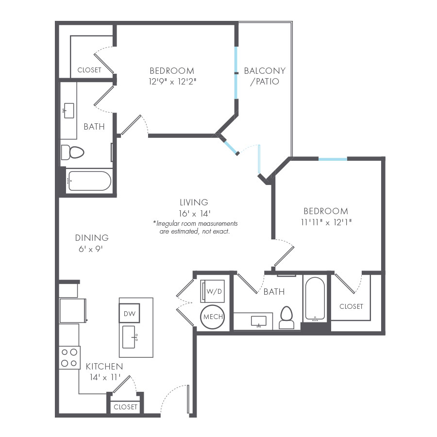 Rendering of the Deco floor plan with 2 bedroom[s] and 2 bathroom[s] at Arte Kansas City