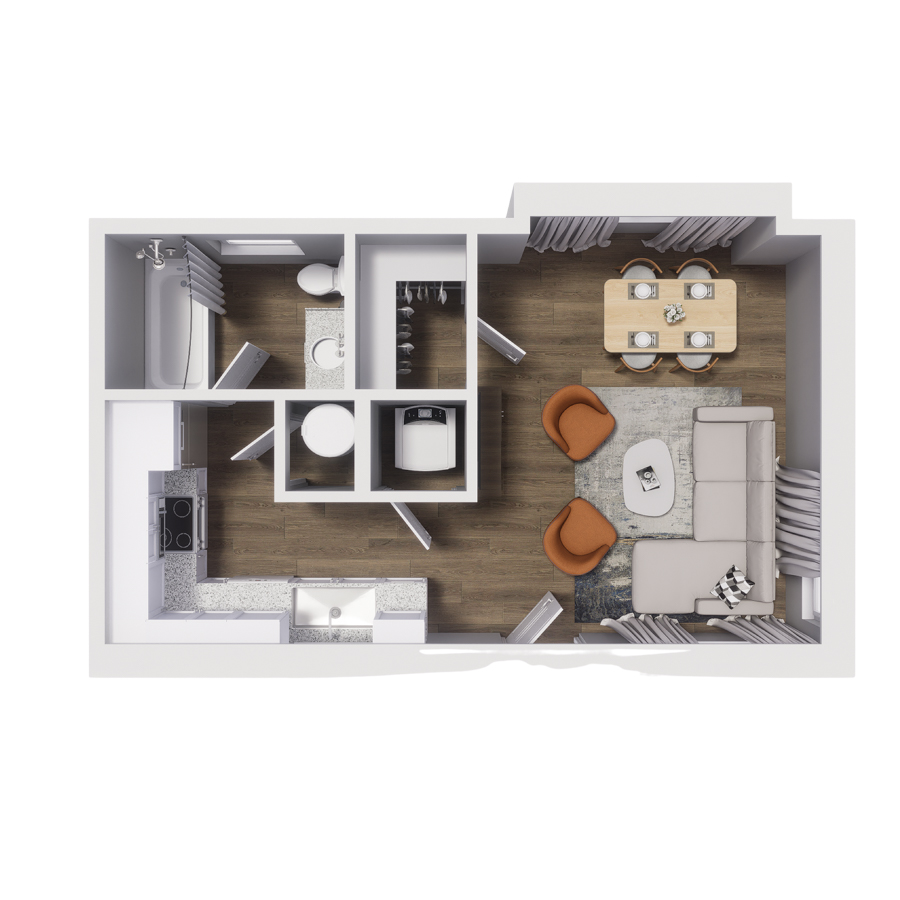 Rendering of the S2 floor plan with a Studio bedroom and 1 bathroom[s] at Cottages at Abbott Station