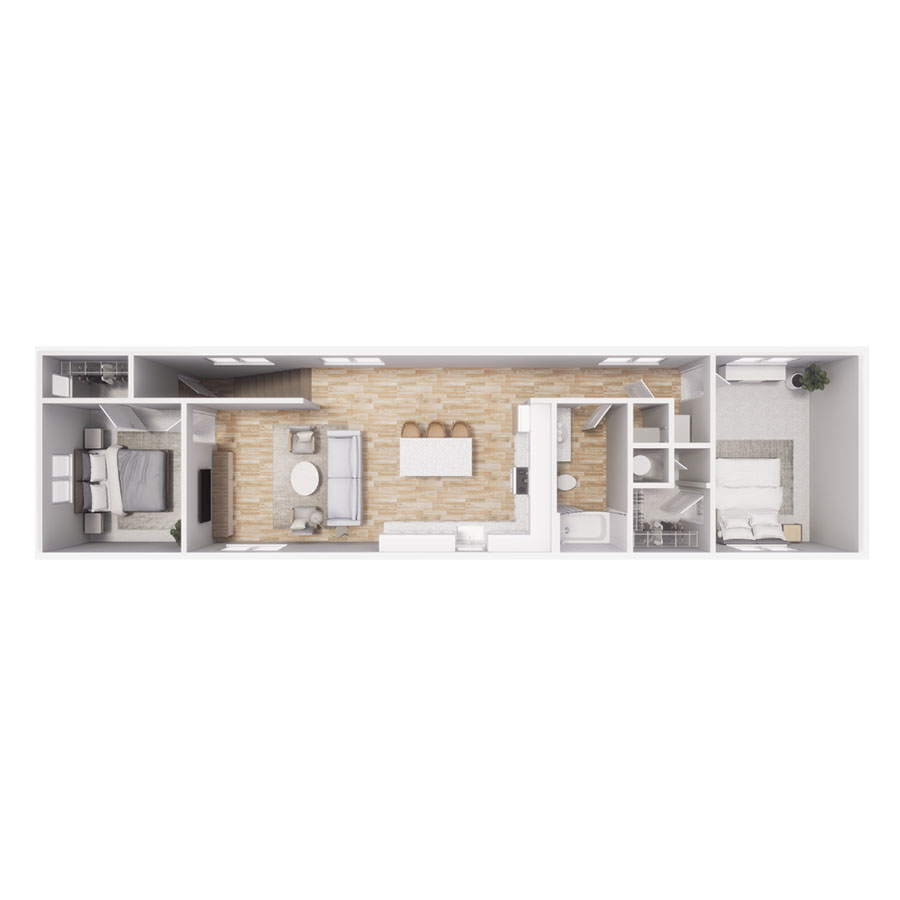 Rendering of the B2 floor plan with 2 bedroom[s] and 1 bathroom[s] at Cottages at Jetwing