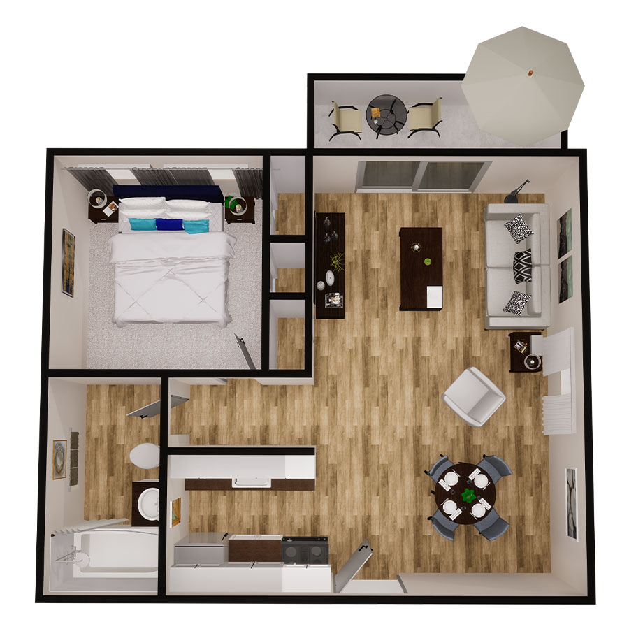 Rendering of the One Bedroom Grand floor plan with 1 bedroom[s] and 1 bathroom[s] at Flats at Pinecliff