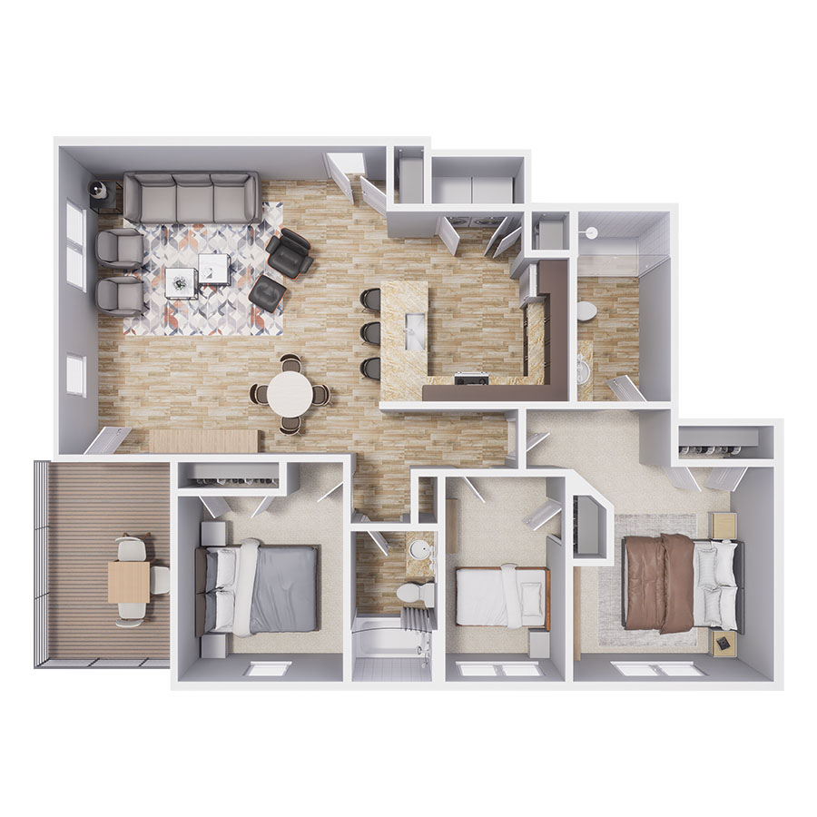 Rendering of the C1 floor plan with 3 bedroom[s] and 2 bathroom[s] at Polaris Peak