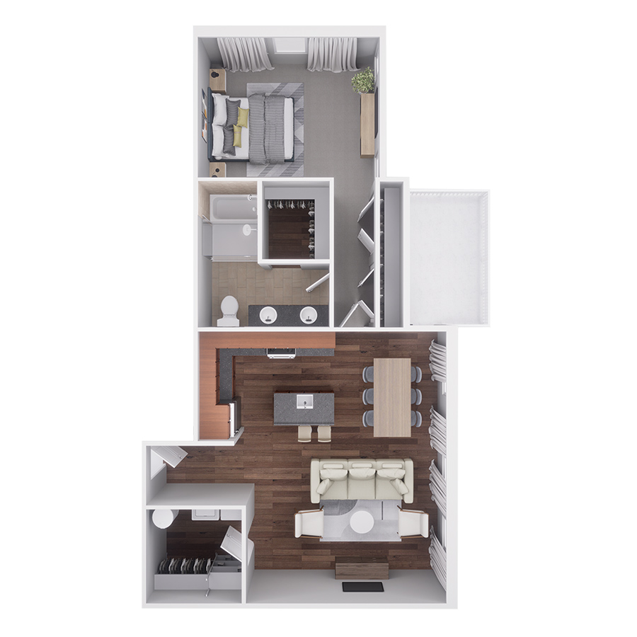Rendering of the A5 floor plan with 1 bedroom[s] and 1 bathroom[s] at Highlands Lodge