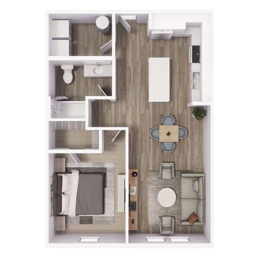 Rendering of the A3 floor plan with 1 bedroom[s] and 1 bathroom[s] at Avery Orlando