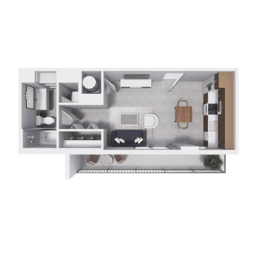 Rendering of the S9 floor plan with a Studio bedroom and 1 bathroom[s] at Arte Grand Central Overtown