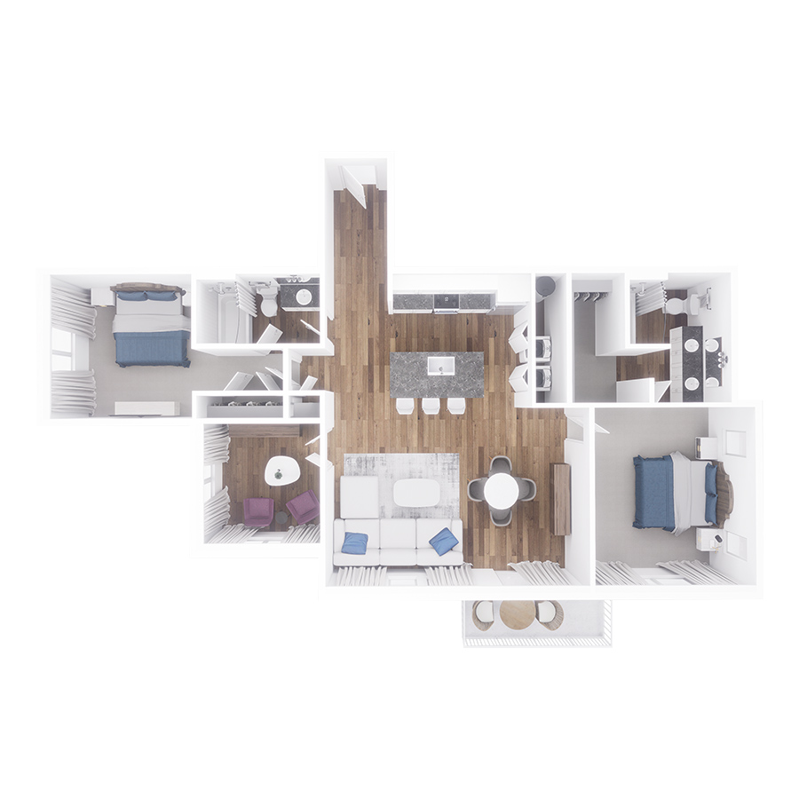 Rendering of the Delaney floor plan with 3 bedroom[s] and 2 bathroom[s] at Village West