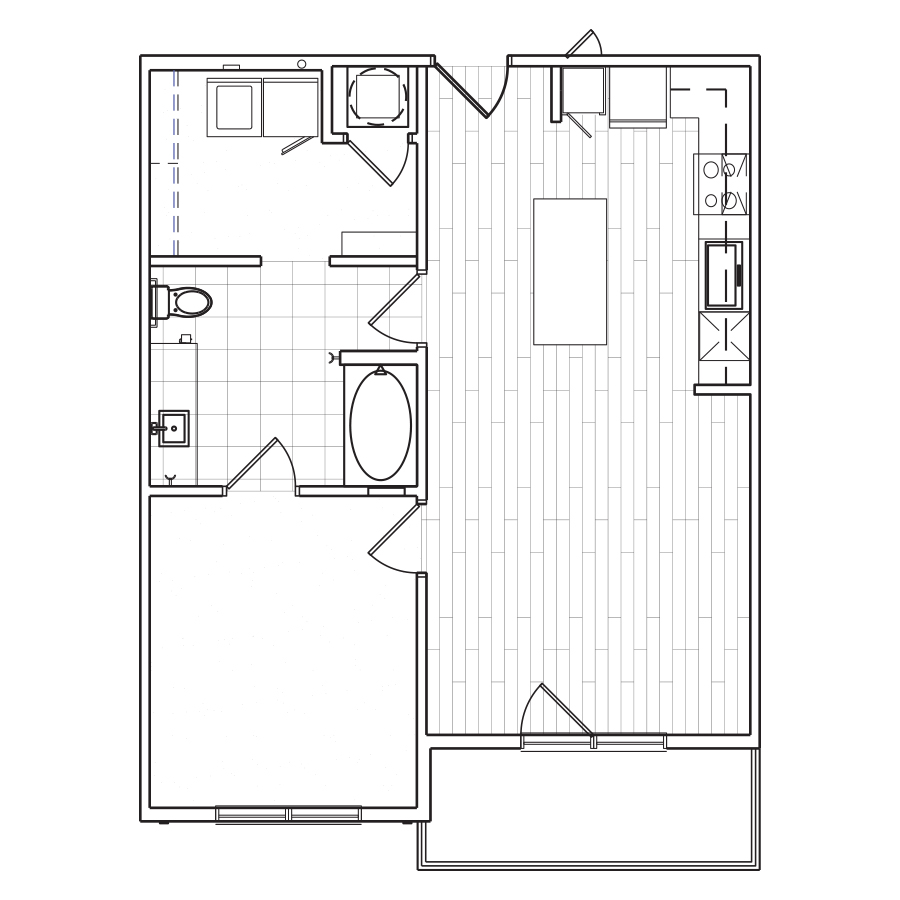 Rendering of the A3HC floor plan with 1 bedroom[s] and 1 bathroom[s] at The Locale