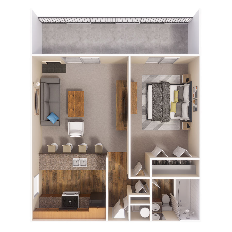 Rendering of the The Melody floor plan with 1 bedroom[s] and 1 bathroom[s] at Beacon House