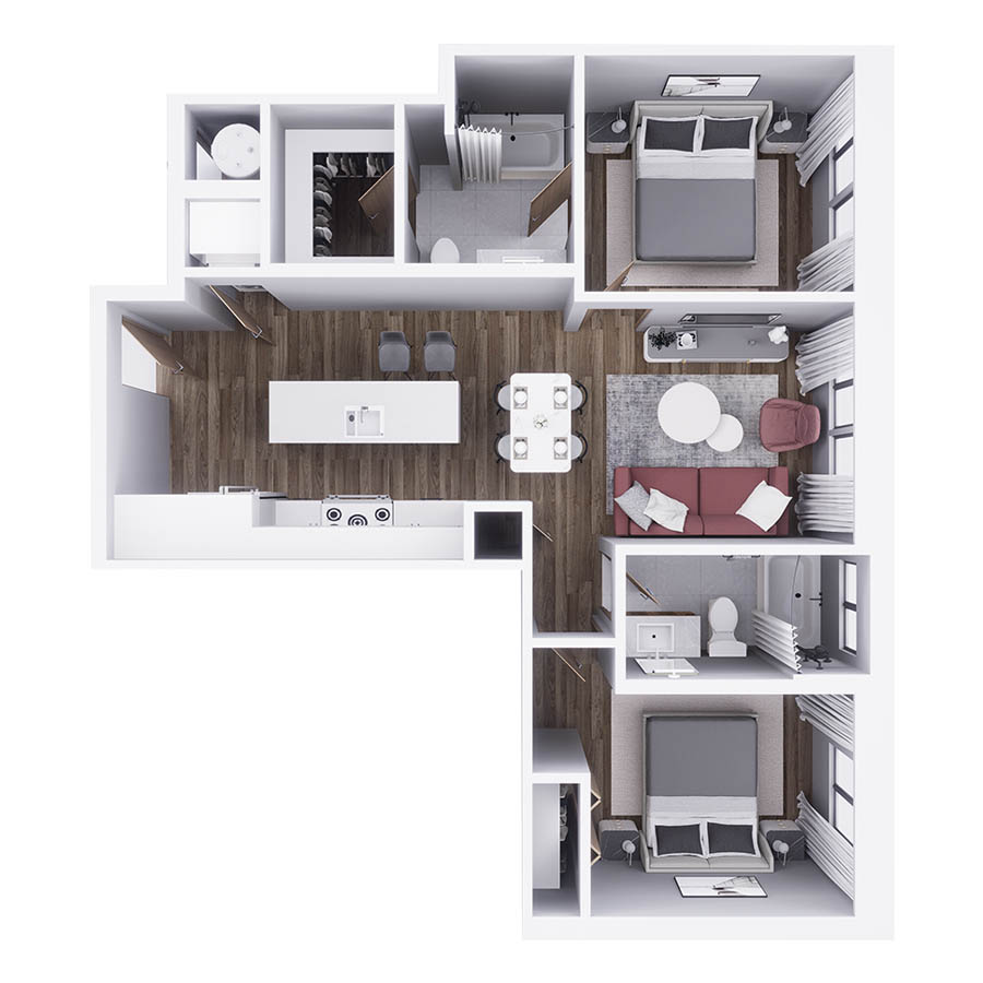 Rendering of the B2 floor plan with 2 bedroom[s] and 2 bathroom[s] at 29x