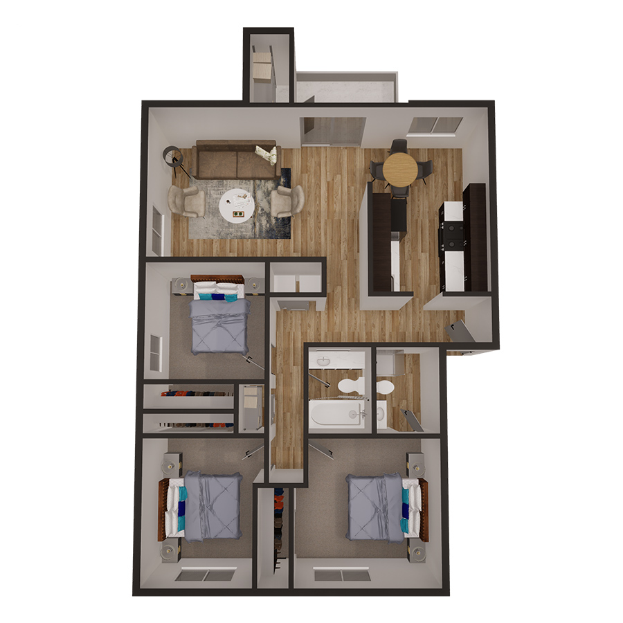 Rendering of the 3x2 1196 sqft - Classic floor plan with 3 bedroom[s] and 2 bathroom[s] at Latitude