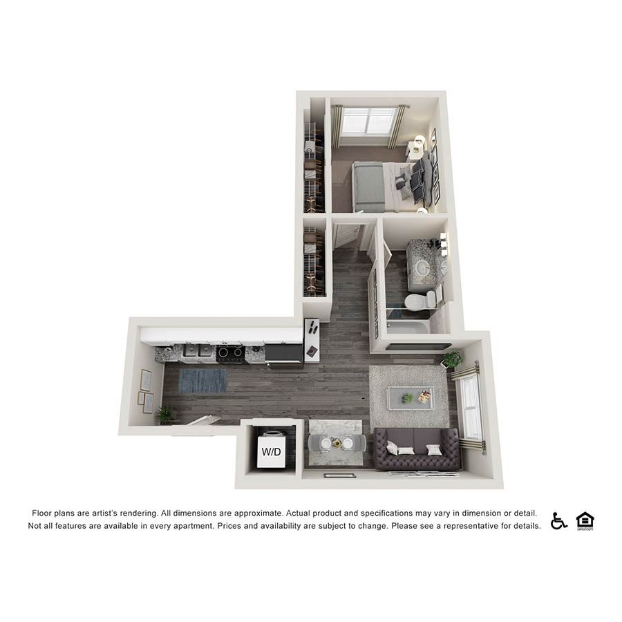 Rendering of the A1 floor plan with 1 bedroom[s] and 1 bathroom[s] at Copper 87