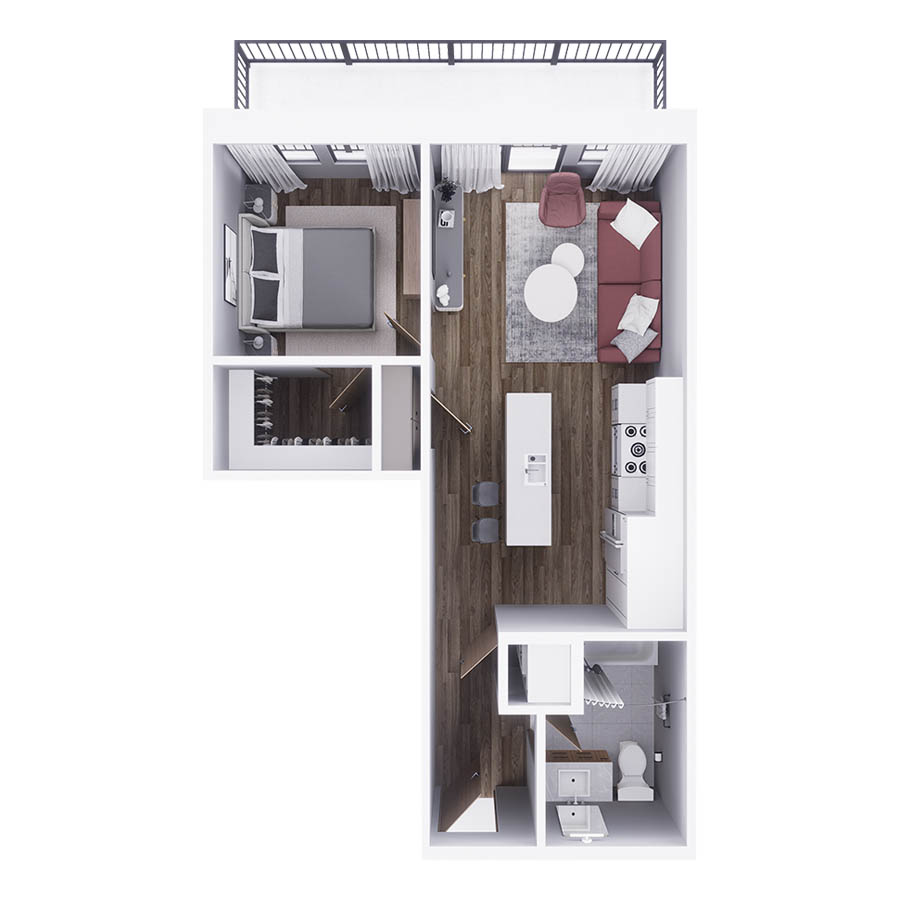 Rendering of the A1 floor plan with 1 bedroom[s] and 1 bathroom[s] at 29x