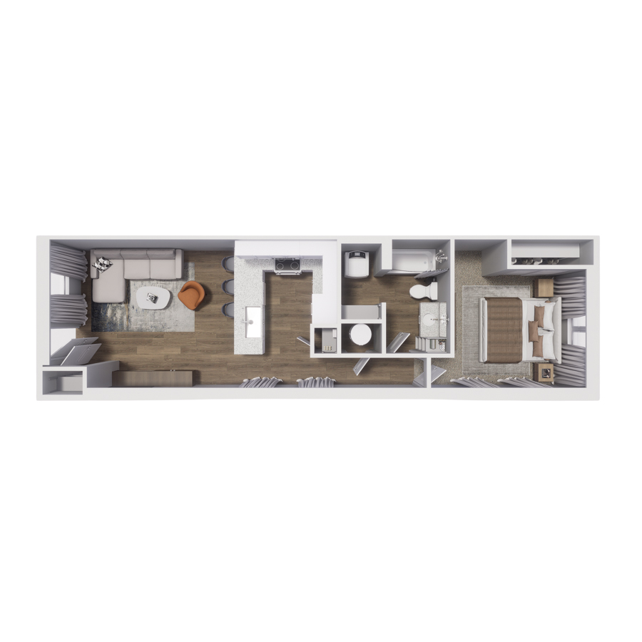 Rendering of the A1 floor plan with 1 bedroom[s] and 1 bathroom[s] at Cottages at Abbott Station