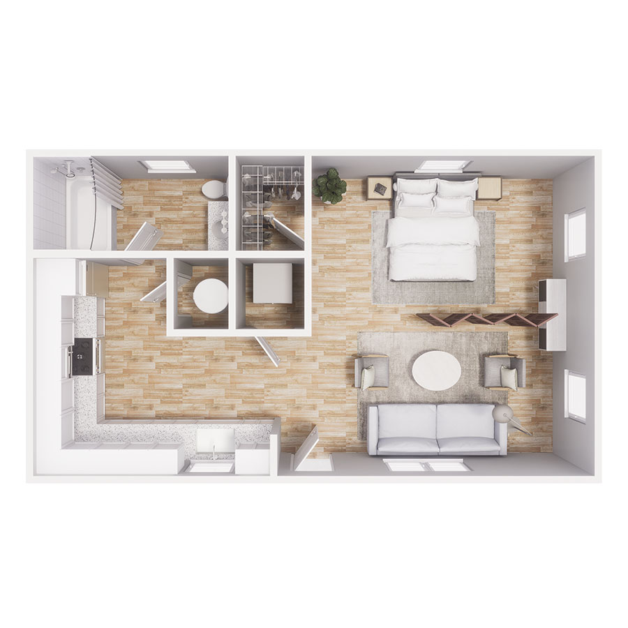 Rendering of the S2 floor plan with a Studio bedroom and 1 bathroom[s] at Cottages at Mesa Ridge