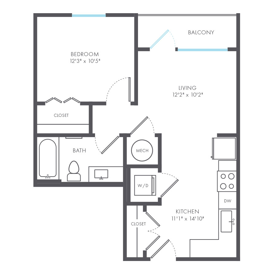 Rendering of the Gala floor plan with 1 bedroom[s] and 1 bathroom[s] at Arte Kansas City