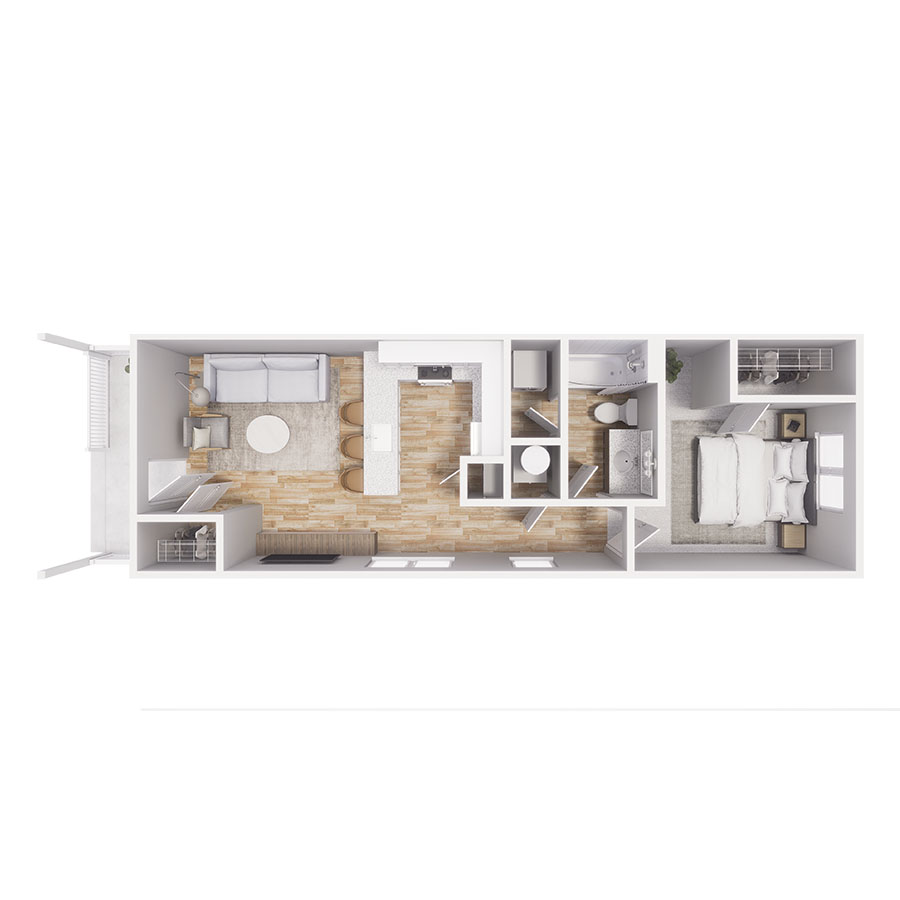 Rendering of the A1 floor plan with 1 bedroom[s] and 1 bathroom[s] at Cottages at Mesa Ridge