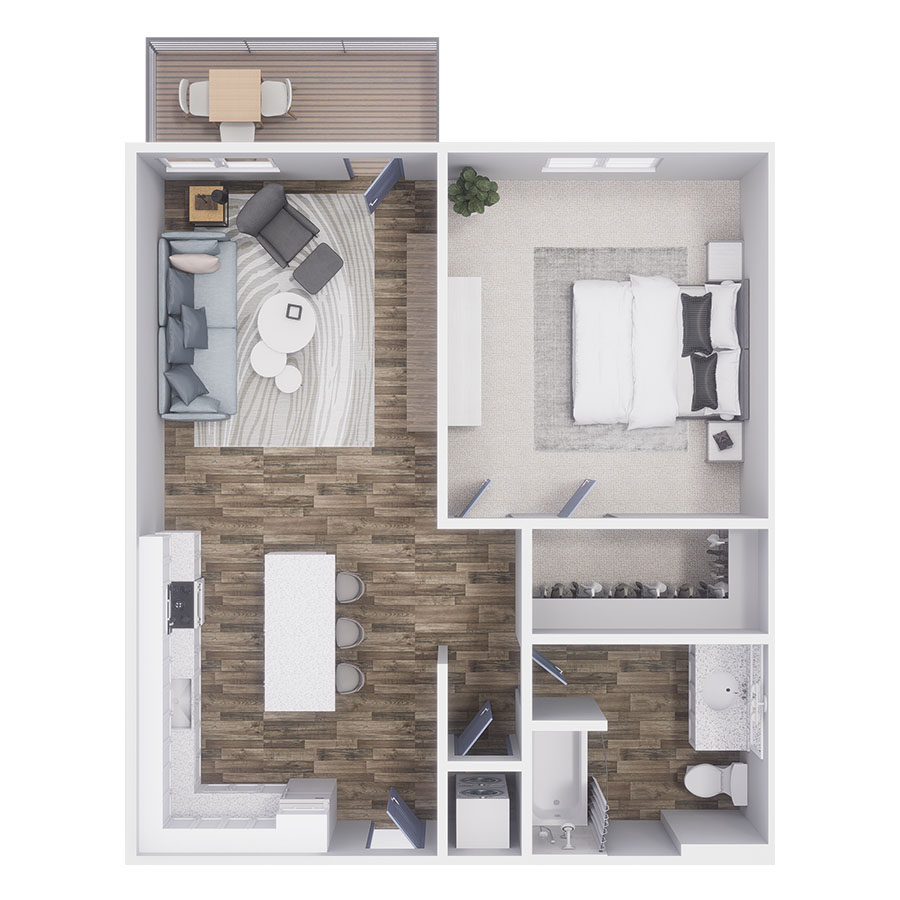 Rendering of the A5 floor plan with 1 bedroom[s] and 1 bathroom[s] at 532 CO