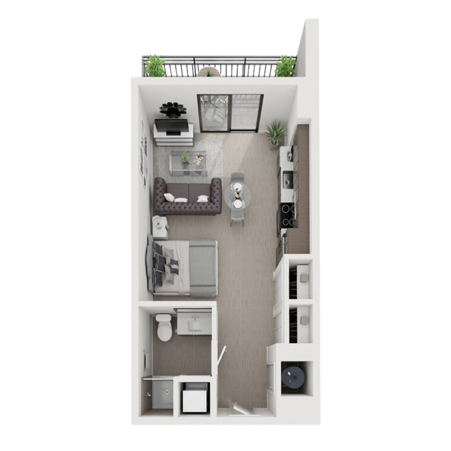 Rendering of the S14 floor plan with a Studio bedroom and 1 bathroom[s] at Arte Grand Central Overtown