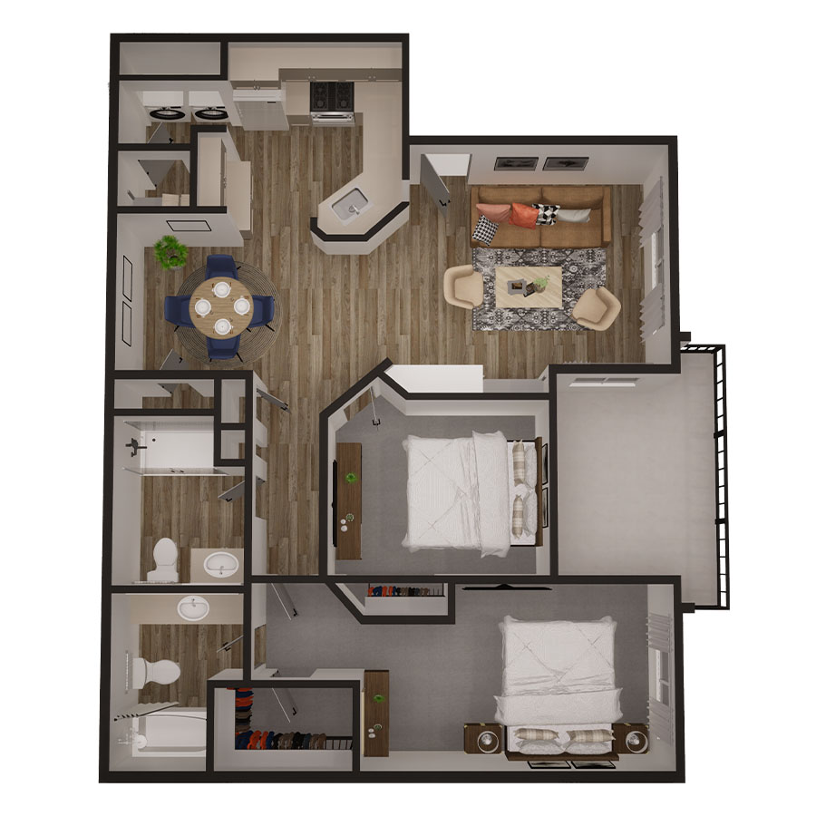Rendering of the Biltmore floor plan with 2 bedroom[s] and 2 bathroom[s] at Copper Ridge