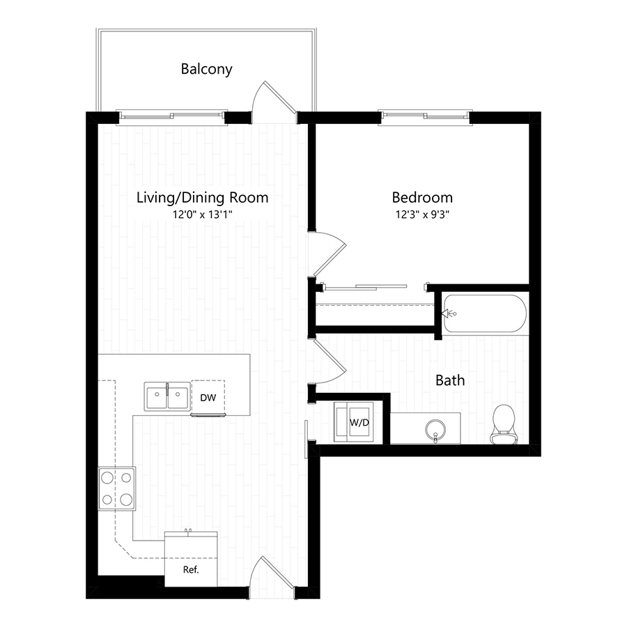 Rendering of the A2 floor plan with 1 bedroom[s] and 1 bathroom[s] at The Preserve at Mesa Creek