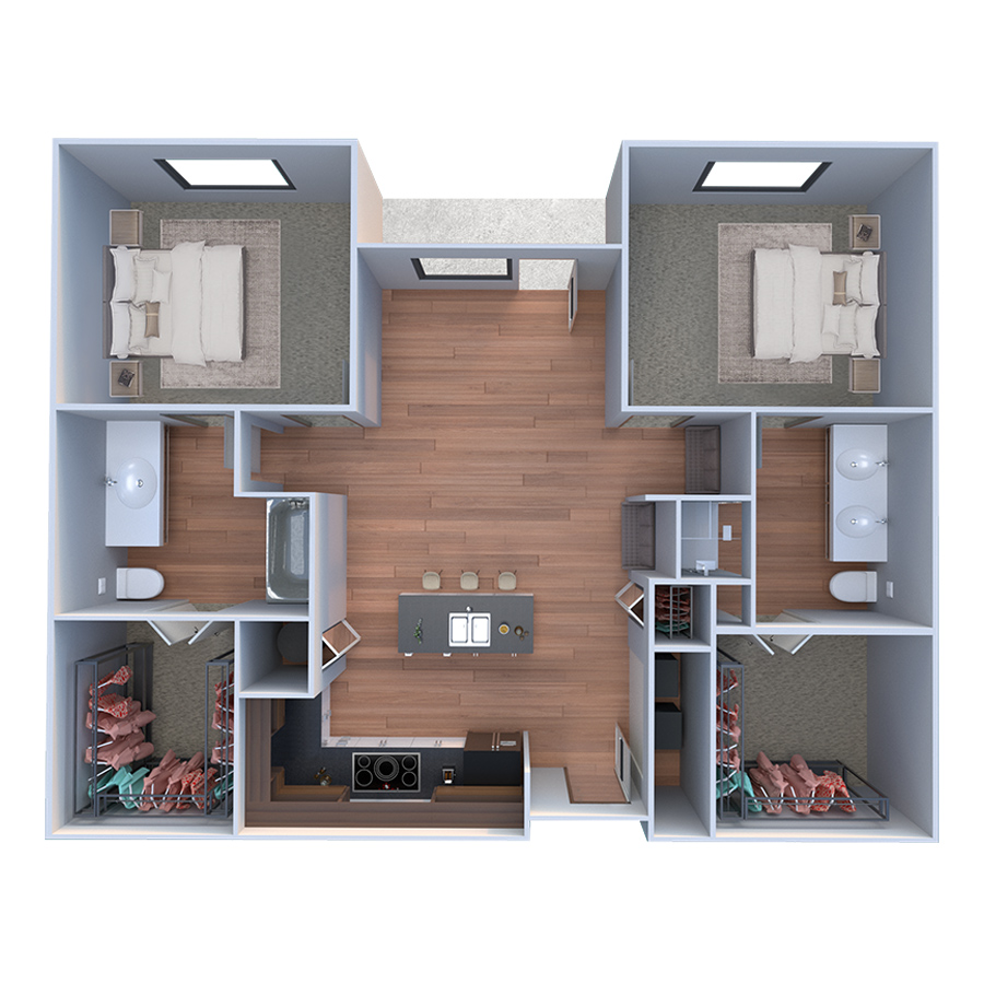 Rendering of the B Due floor plan with 2 bedroom[s] and 2 bathroom[s] at Forum Fitzsimons