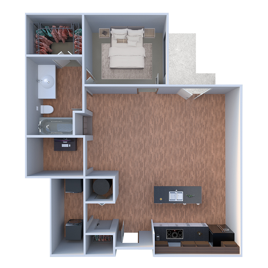 Rendering of the A Sei floor plan with 1 bedroom[s] and 1 bathroom[s] at Forum Fitzsimons