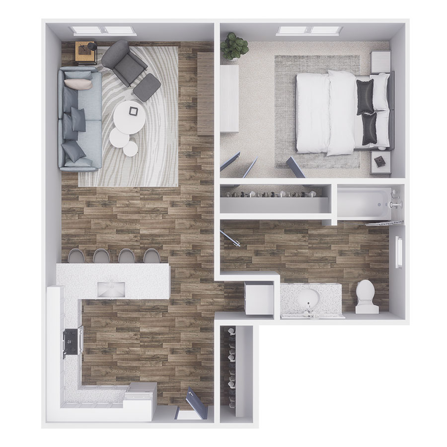 Rendering of the A3 floor plan with 1 bedroom[s] and 1 bathroom[s] at 532 CO