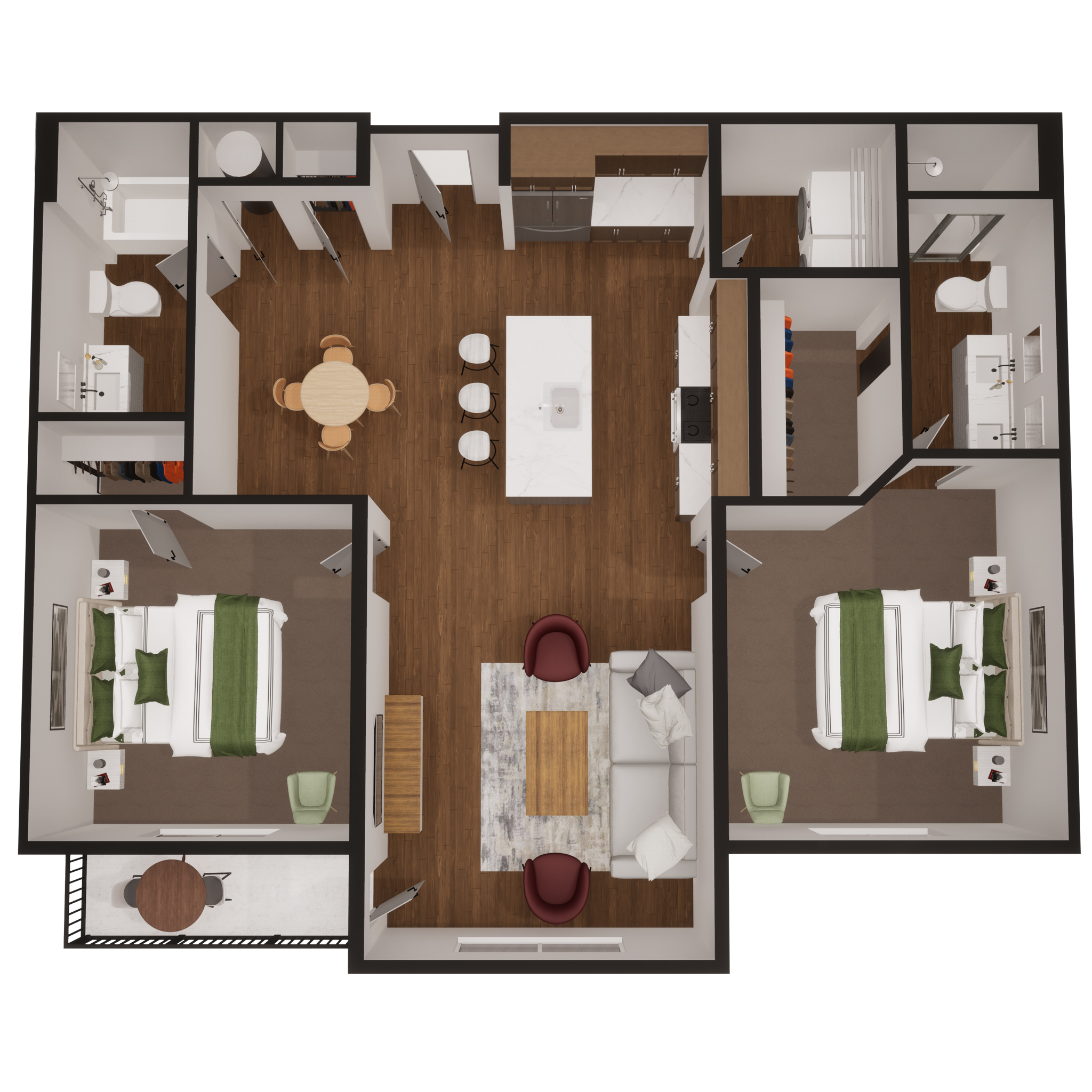 Rendering of the C1 floor plan with 2 bedroom[s] and 2 bathroom[s] at Summit Square