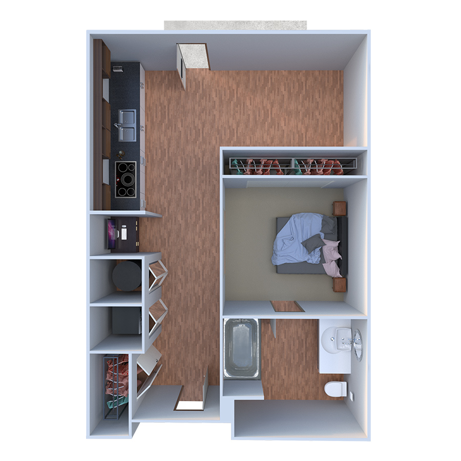 Rendering of the A Uno floor plan with 1 bedroom[s] and 1 bathroom[s] at Forum Fitzsimons