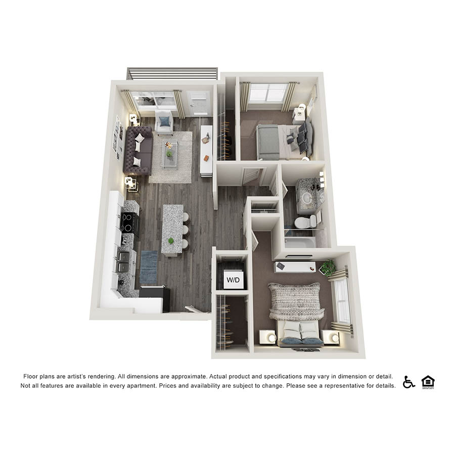 Rendering of the B1 floor plan with 2 bedroom[s] and 1 bathroom[s] at Copper 87
