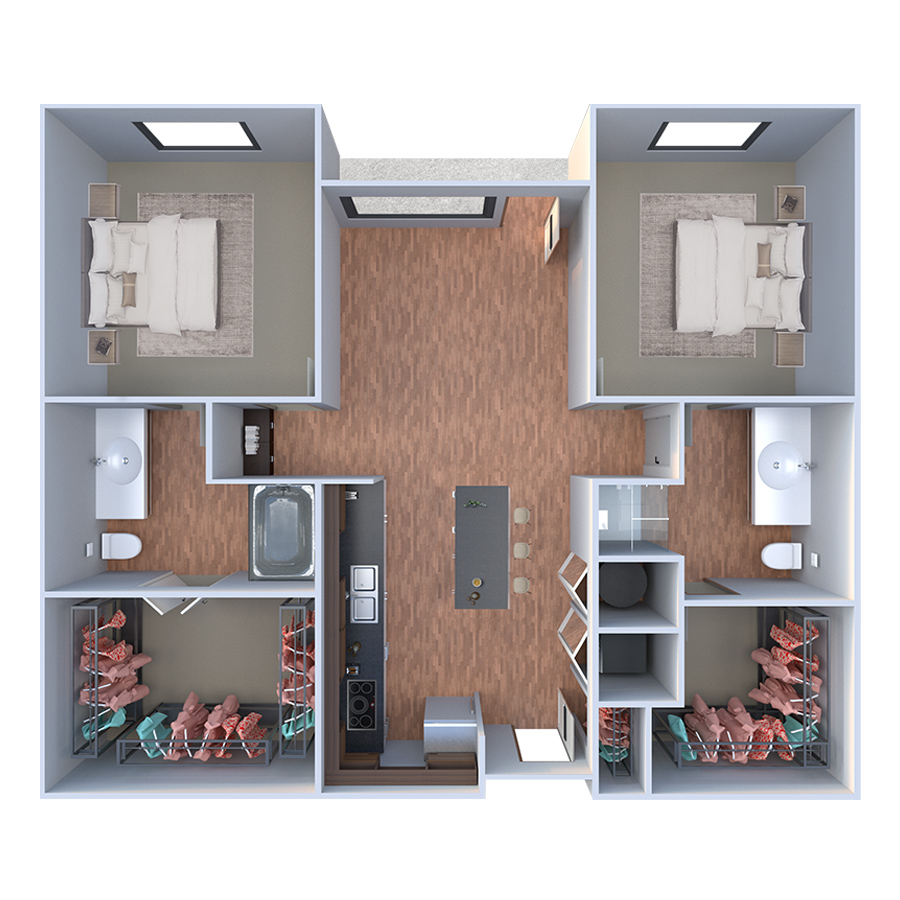 Rendering of the B Uno floor plan with 2 bedroom[s] and 2 bathroom[s] at Forum Fitzsimons
