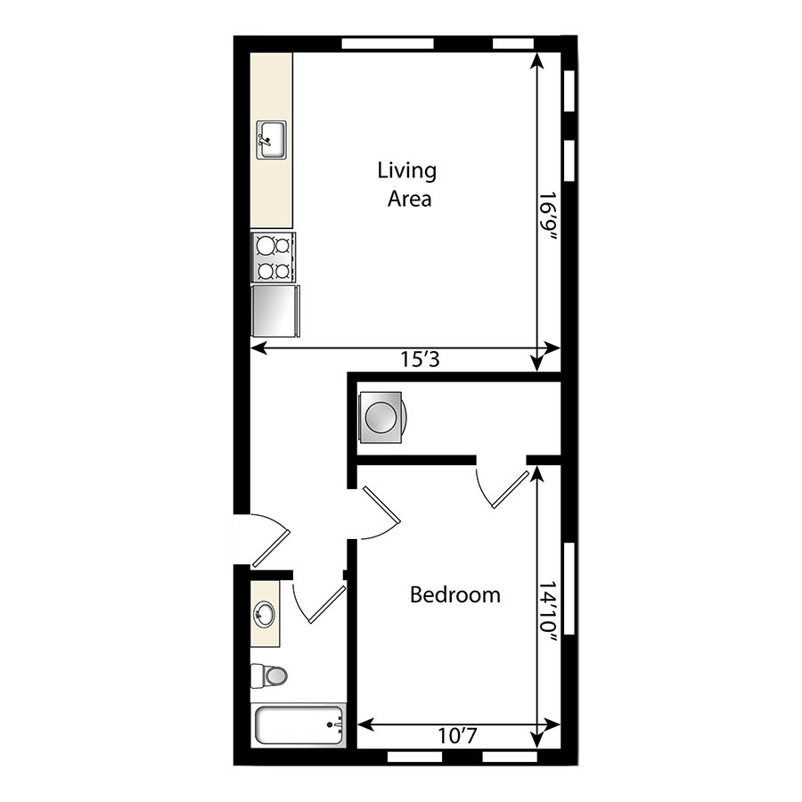 Rendering of the 1 Bedroom, 1 Bathroom A2 floor plan with 1 bedroom[s] and 1 bathroom[s] at The Economist