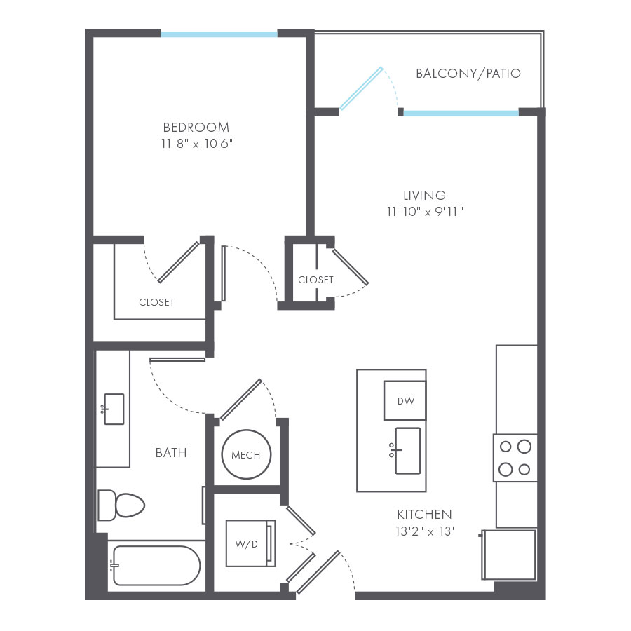 Rendering of the Bricolage floor plan with 1 bedroom[s] and 1 bathroom[s] at Arte Kansas City