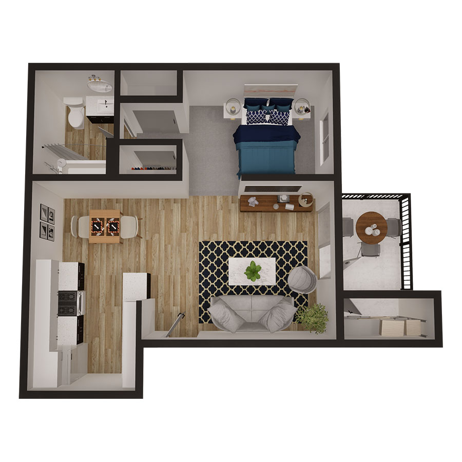 Rendering of the Belize floor plan with 1 bedroom[s] and 1 bathroom[s] at Omnia on Thomas