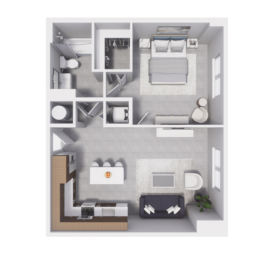 Rendering of the A11 floor plan with 1 bedroom[s] and 1 bathroom[s] at Arte Grand Central Overtown