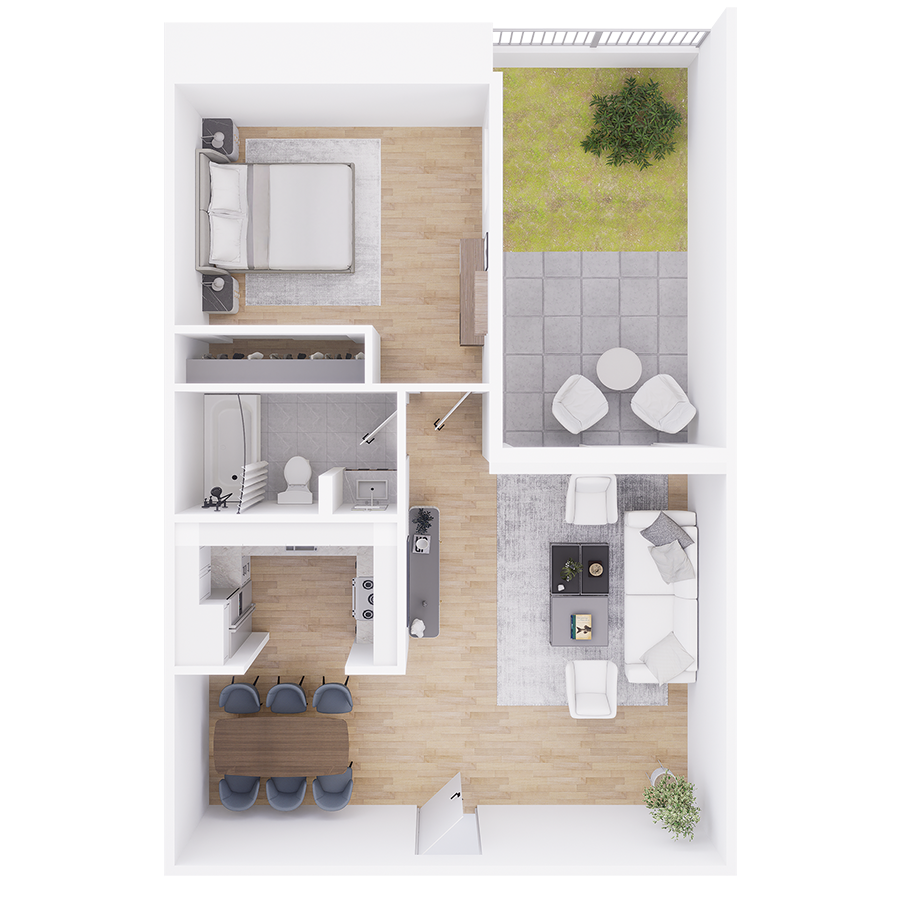 Rendering of the A1 floor plan with 1 bedroom[s] and 1 bathroom[s] at Tempe Vista