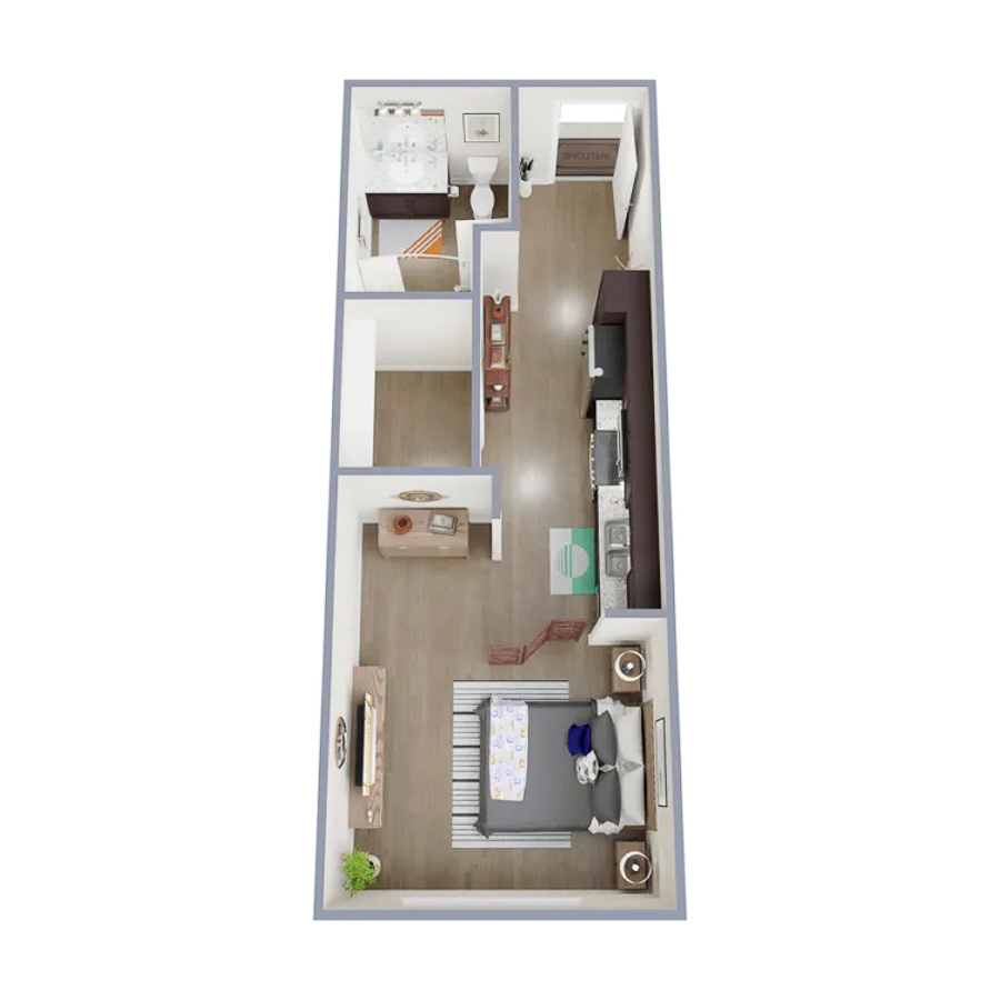 Rendering of the S1 floor plan with a Studio bedroom and 1 bathroom[s] at Marq at Monument Ridge