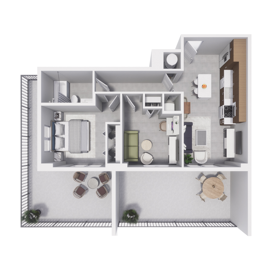 Rendering of the BA2 floor plan with 2 bedroom[s] and 1 bathroom[s] at Arte Grand Central Overtown