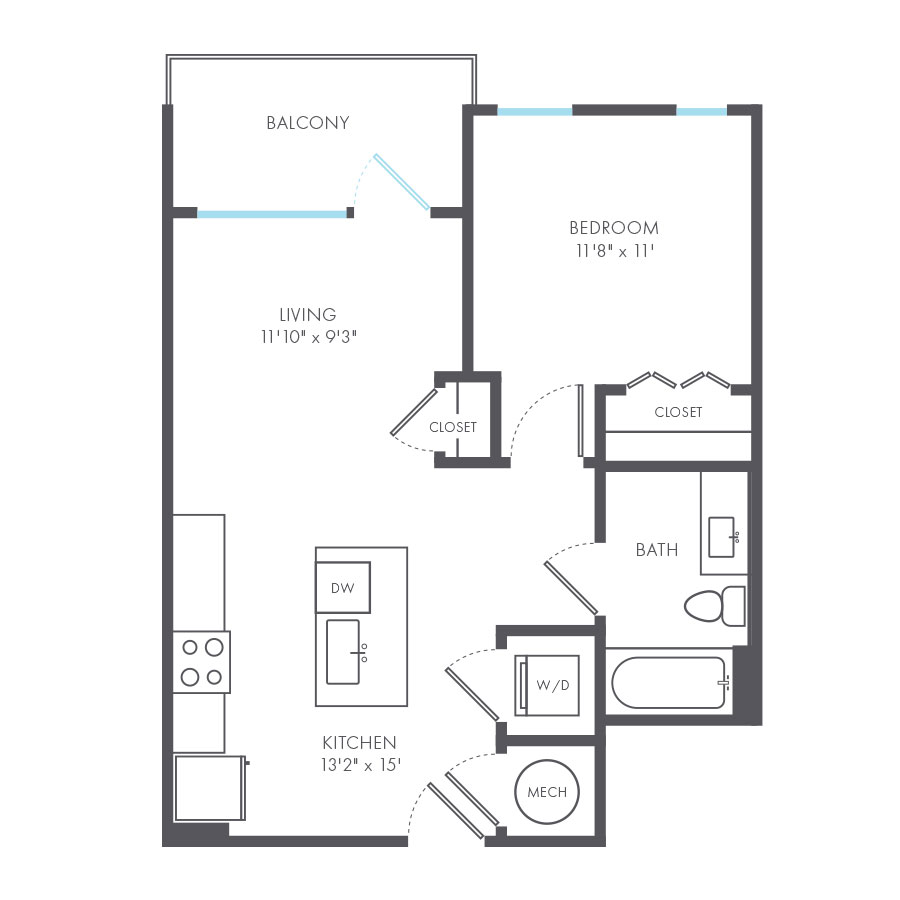 Rendering of the Impressionist floor plan with 1 bedroom[s] and 1 bathroom[s] at Arte Kansas City