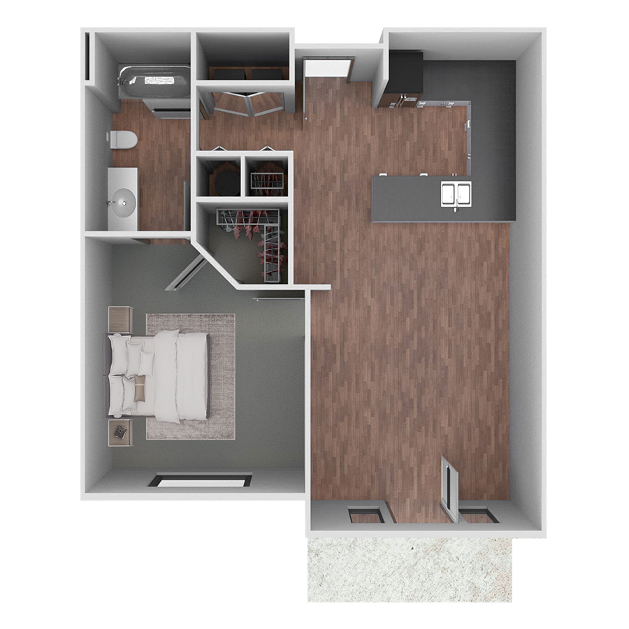 Rendering of the A4 floor plan with 1 bedroom[s] and 1 bathroom[s] at Prairie View at Village West