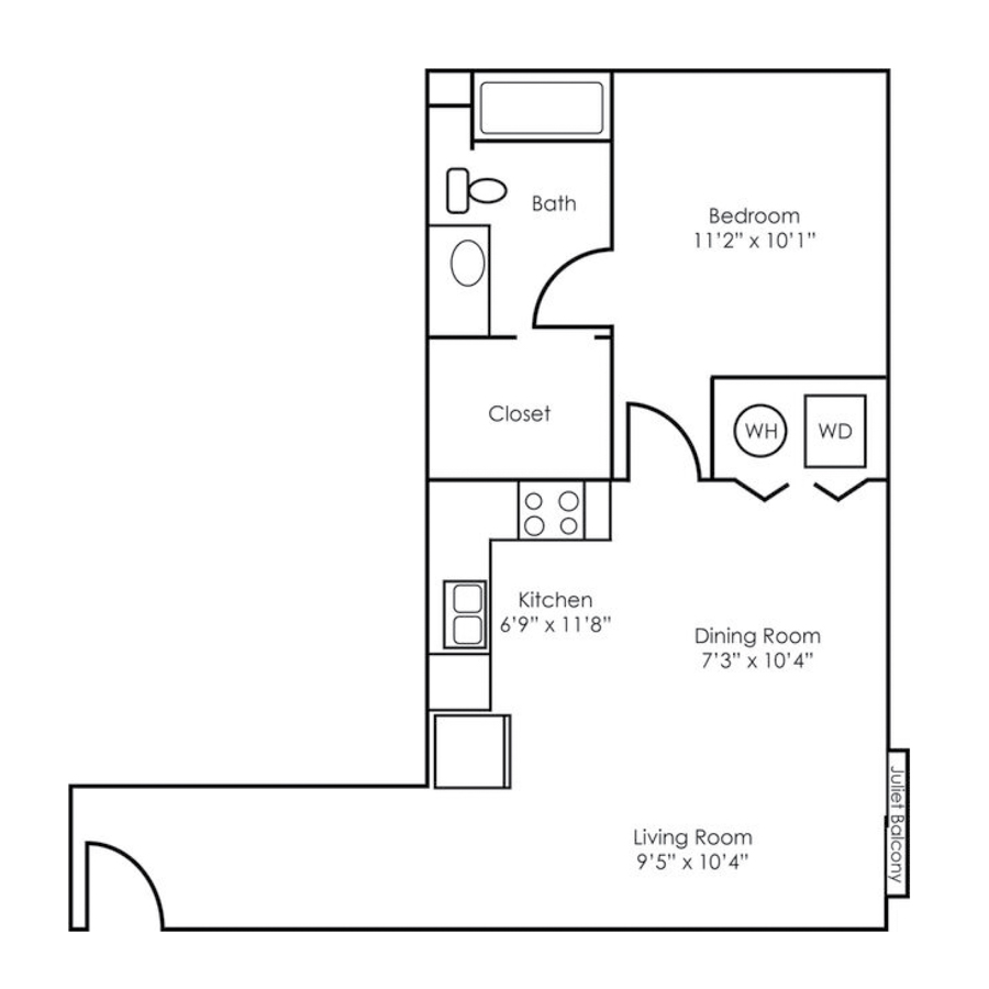 Rendering of the A1 floor plan with 1 bedroom[s] and 1 bathroom[s] at The Retreat at Patriot Park