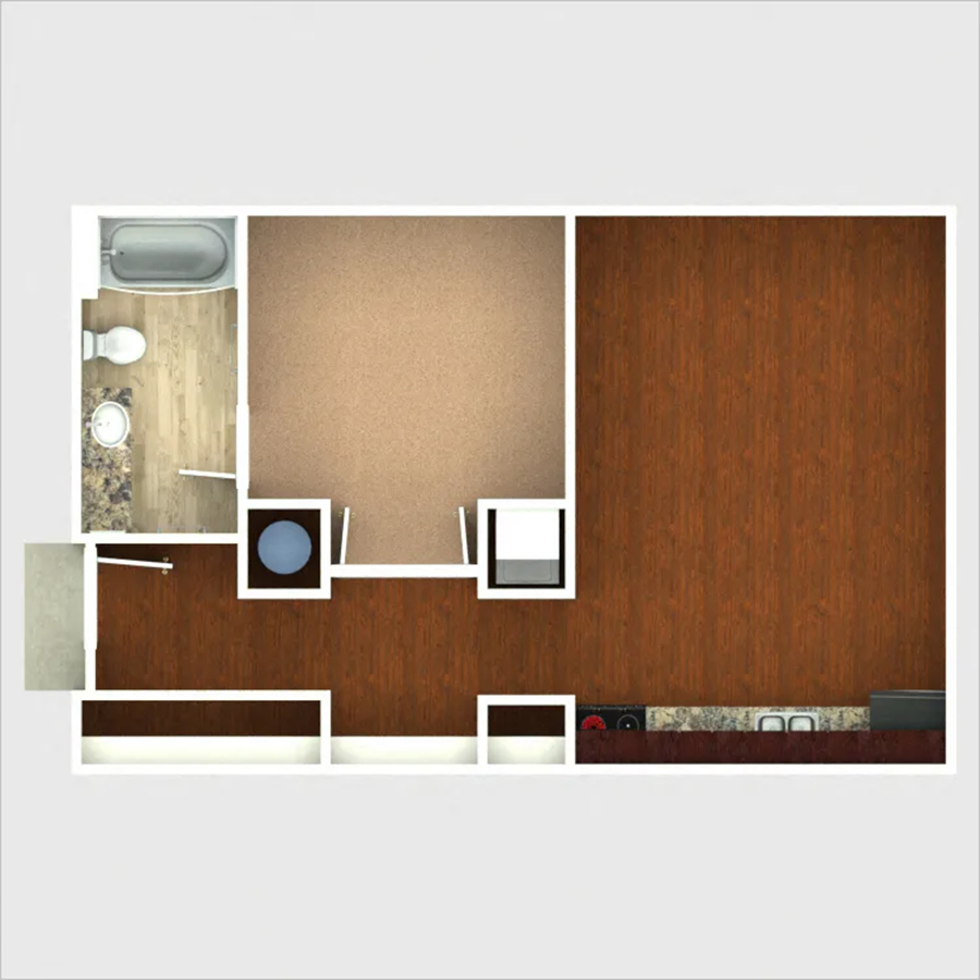 Rendering of the Canyon floor plan with a Studio bedroom and 1 bathroom[s] at Centre Court
