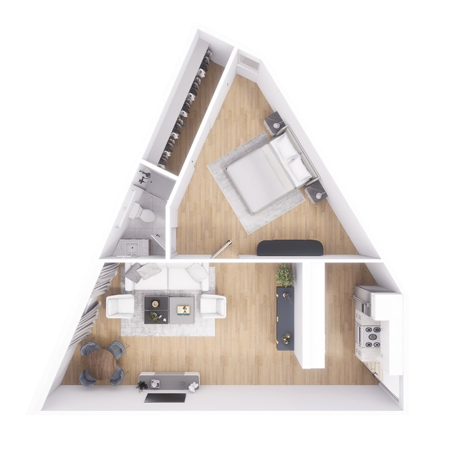 Rendering of the A3 floor plan with 1 bedroom[s] and 1 bathroom[s] at Tempe Vista