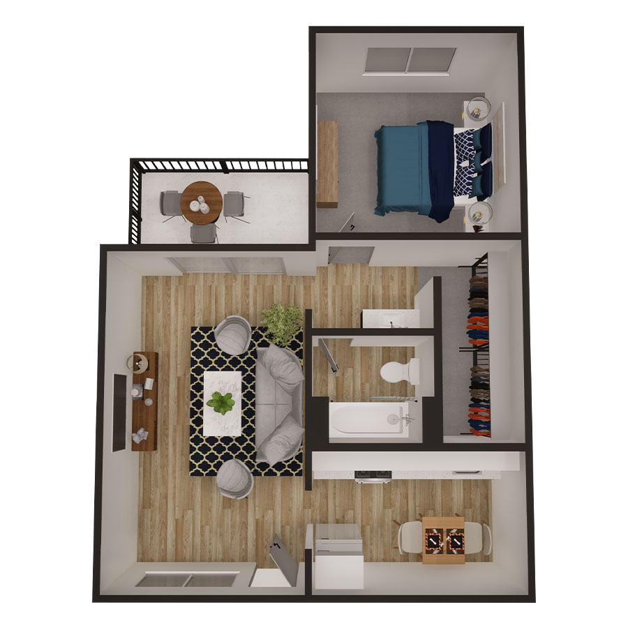 Rendering of the Metropolitan floor plan with 1 bedroom[s] and 1 bathroom[s] at Omnia on Thomas