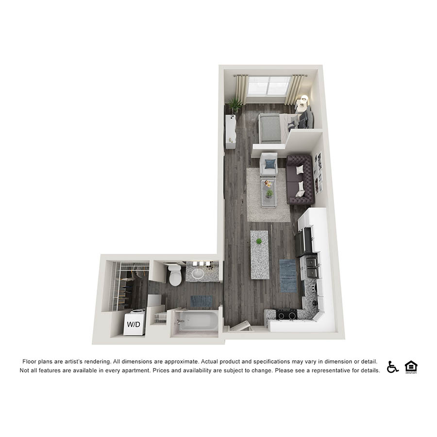 Rendering of the S1 floor plan with a Studio bedroom and 1 bathroom[s] at Copper 87