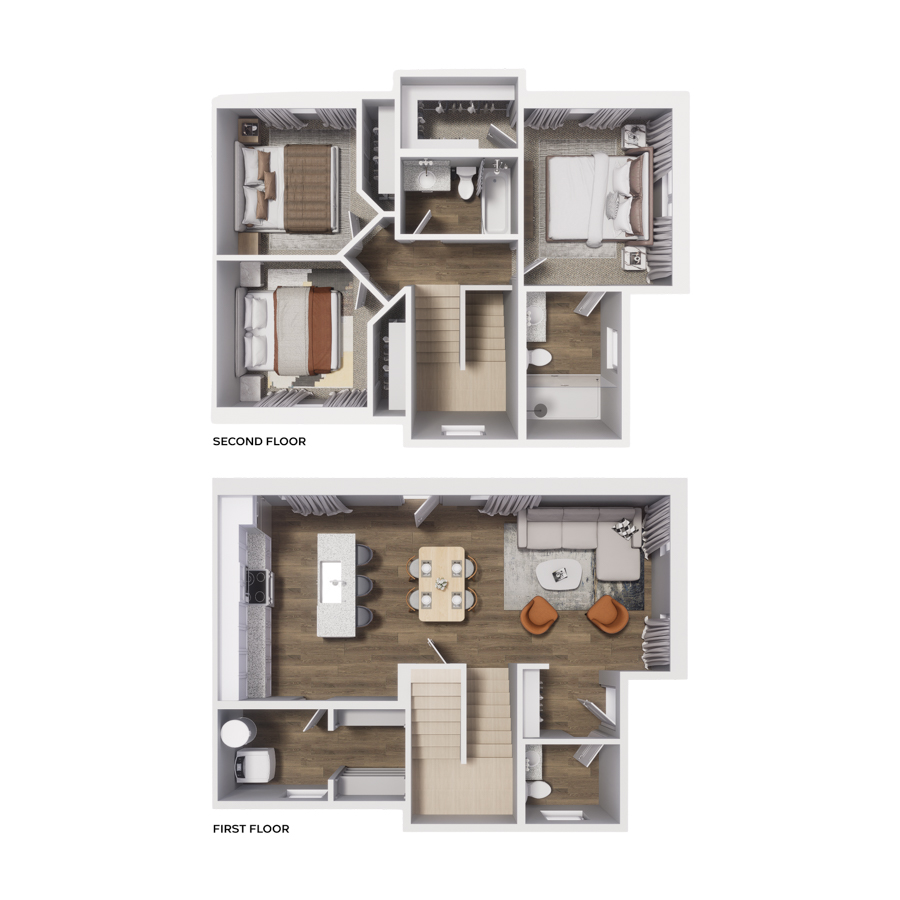 Rendering of the C1 floor plan with 3 bedroom[s] and 2.5 bathroom[s] at Cottages at Abbott Station