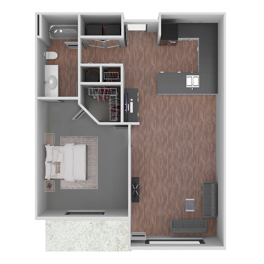 Rendering of the A1 floor plan with 1 bedroom[s] and 1 bathroom[s] at Prairie View at Village West