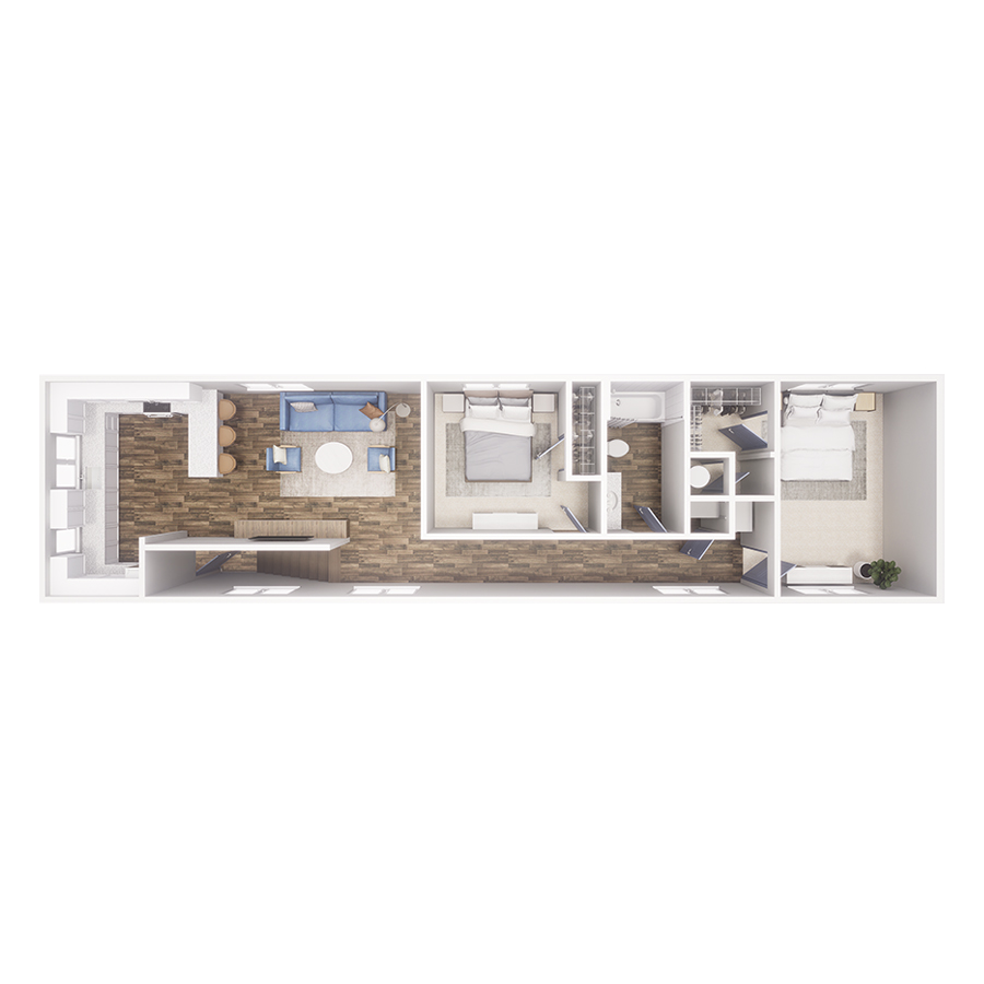 Rendering of the B2 floor plan with 2 bedroom[s] and 1 bathroom[s] at Cottages at Pike View