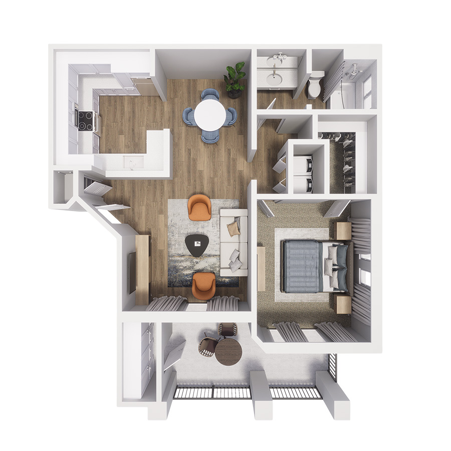 Rendering of the A2: Agave with Carport floor plan with 1 bedroom[s] and 1 bathroom[s] at Springs at Alta Mesa