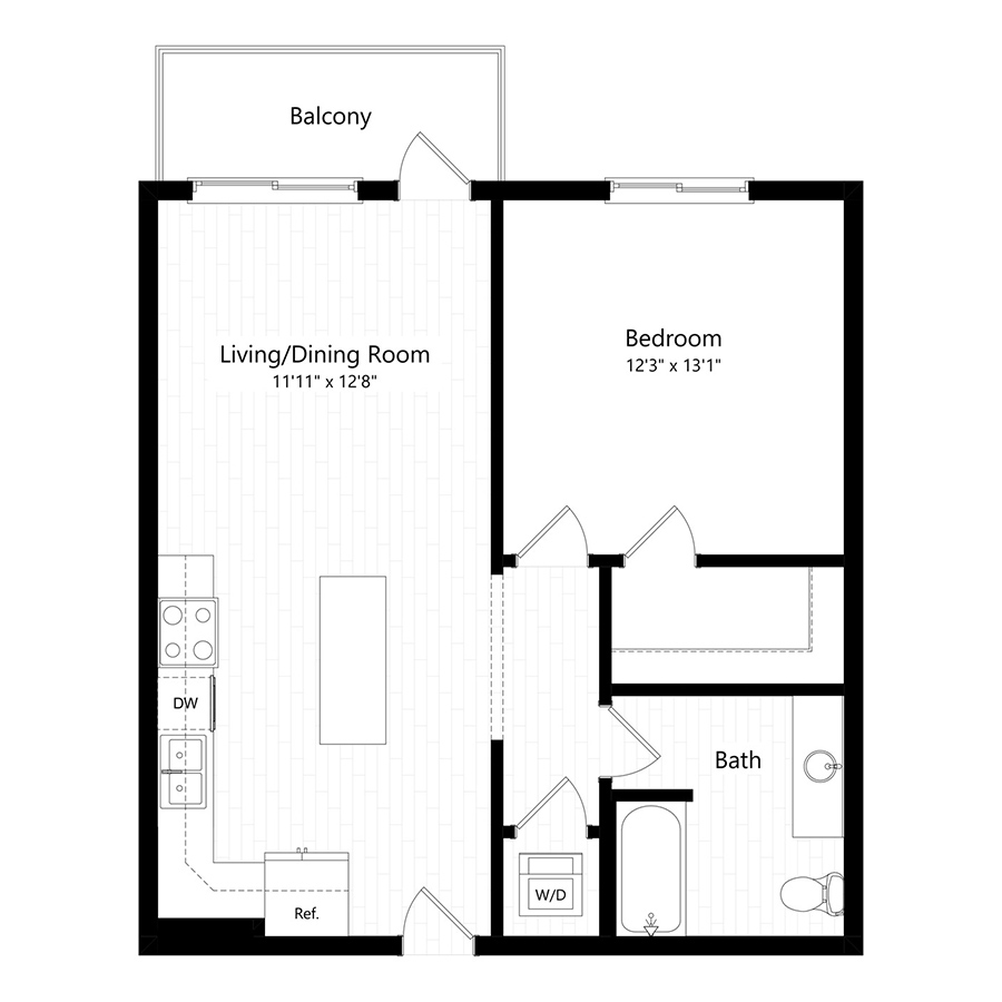 Rendering of the A4 floor plan with 1 bedroom[s] and 1 bathroom[s] at The Preserve at Mesa Creek